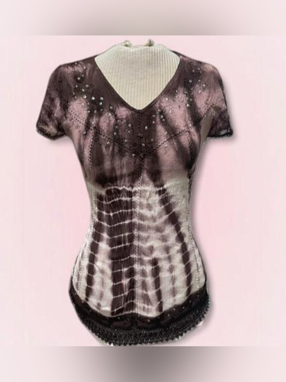 Advance Apparels Mauve and Brown Tie-Dye V-Neck Short Sleeve Top